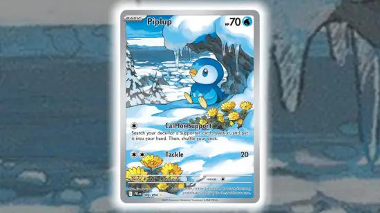 Piplup #98 From Pokemon Phantasmal Flames In Front Of A Blurred Version Of The Card's Background