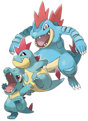 Totodile, Croconaw And Feraligatr. Artwork By Ken Sugimori; Blah Blah Copyright, Blah Blah Fair U-crikey, Me Arm!