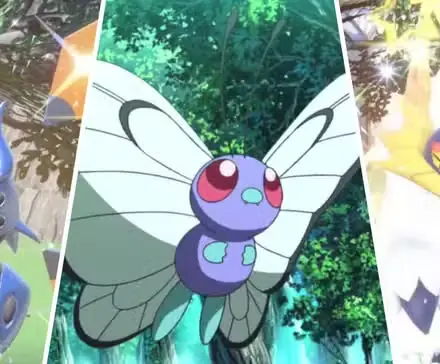 A Split Image Of Shiny Slither Wing, Shiny Iron Moth, And Butterfree In Pokemon.