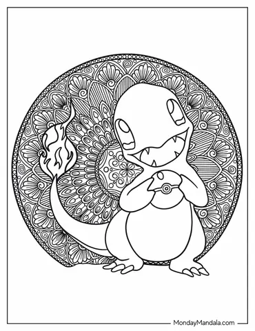 Charmander Holding Pokeball Mandala Coloring Sheet