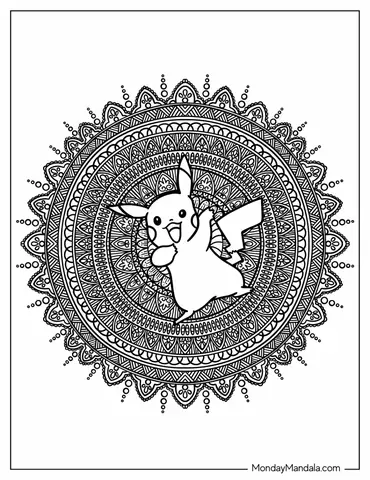 Waving Pikachu Flower Mandala Coloring Sheet