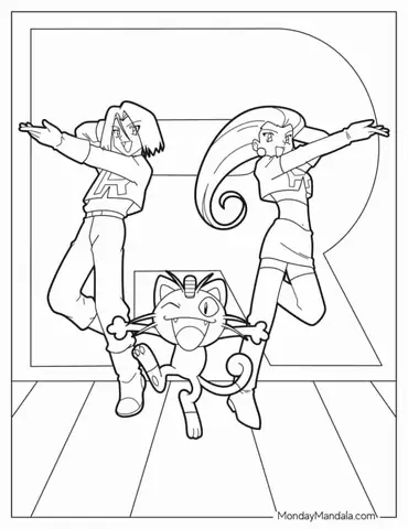 Team Rocket Jessie, James, And Meowth Coloring Page